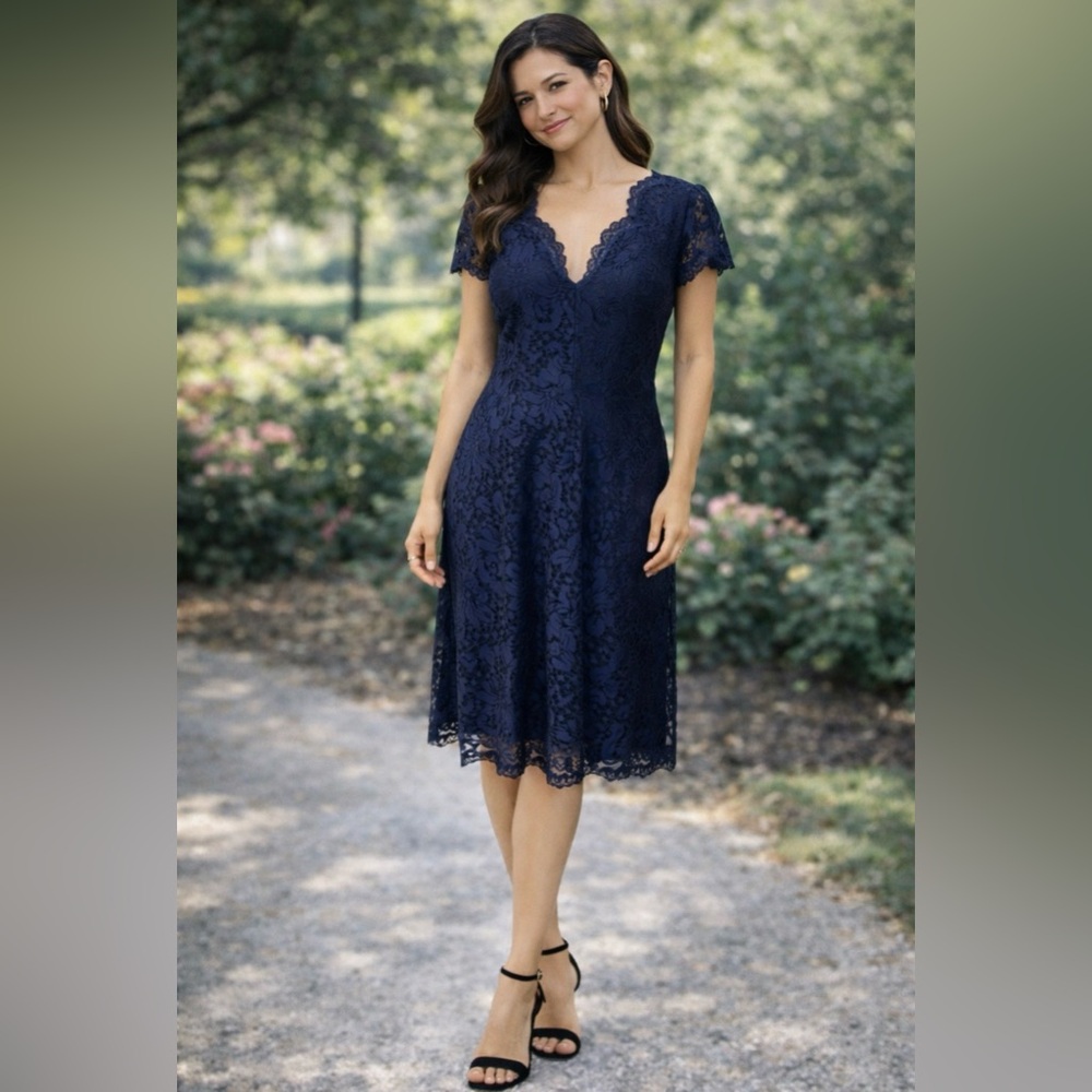 Connected Dress 10 Navy Blue Stretch Lace Wedding Party Cruise Church Washable